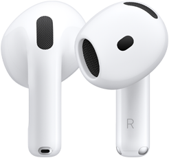 back of left AirPod, front of right AirPod, AirPod stem has the letter R to signify it belongs in the right ear