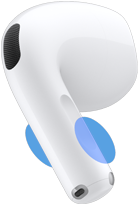 AirPods 5 earbud exterior, blue circles highlighting where to touch the stem for volume controls