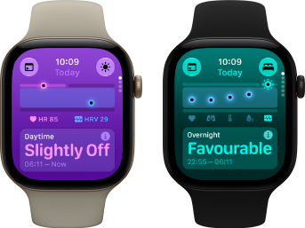 Two Apple Watch Series 12 devices: aluminium case, light gold colour, Daytime Vitals Slightly Off, Digital Crown, sand Sport Band, aluminium case, black colour, Overnight Vitals Favourable, Digital Crown, black Sport Band