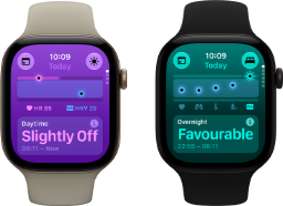 Two Apple Watch Series 12 devices: aluminium case, light gold colour, Daytime Vitals Slightly Off, Digital Crown, sand Sport Band, aluminium case, black colour, Overnight Vitals Favourable, Digital Crown, black Sport Band