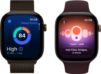 Apple Watch Series 12, aluminium case, dark bronze colour, sleep score circle graph, Digital Crown, Milanese Loop strap, dark bronze colour