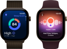 Apple Watch Series 12, aluminium case, dark bronze colour, sleep score circle graph, Digital Crown, Milanese Loop strap, dark bronze colour