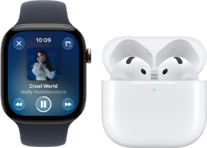 Apple Watch Series 12, aluminium case, black colour, black Sport Band, Apple Music app open, paired with AirPods 4