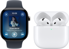 Apple Watch Series 12, aluminium case, black colour, black Sport Band, Apple Music app open, paired with AirPods 4