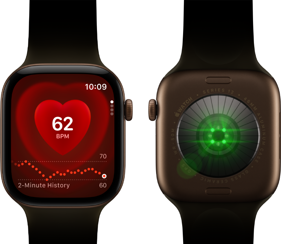 Two Apple Watch Series 12 devices, aluminium case, dark bronze colour with olive Sport Band, one showing the Heart Rate app, the other with the Health Sensing System on the back of the watch, with glowing green LED lights