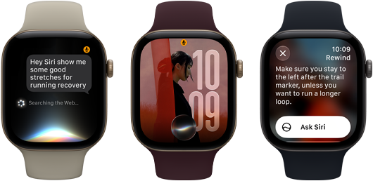 Three Apple Watch Series 12 devices, one with light gold aluminium case, Siri AI conversation, sand Sport Band, one with light gold aluminium case, personalised photo on watch face with Siri AI complication, burgundy Sport Band, and one with space grey aluminium case, Siri Recap, black Sport Band