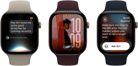 Three Apple Watch Series 12 devices, one with light gold aluminium case, Siri AI conversation, sand Sport Band, one with light gold aluminium case, personalised photo on watch face with Siri AI complication, burgundy Sport Band, and one with space grey aluminium case, Siri Recap, black Sport Band