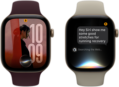 Three Apple Watch Series 12 devices, one with light gold aluminium case, Siri AI conversation, sand Sport Band, one with light gold aluminium case, personalised photo on watch face with Siri AI complication, burgundy Sport Band, and one with space grey aluminium case, Siri Recap, black Sport Band