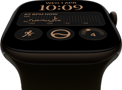 Apple Watch Series 12, aluminium case, dark bronze colour, Modular watch face, complications: day and date, Workouts, Activity rings, Apple Music, right side exterior, Digital Crown, Sport Band, olive colour