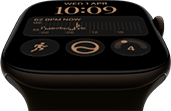 Apple Watch Series 12, aluminium case, dark bronze colour, Modular watch face, complications: day and date, Workouts, Activity rings, Apple Music, right side exterior, Digital Crown, Sport Band, olive colour