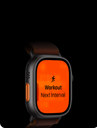 Apple Watch Ultra 4, titanium case, black colour, Running workout, next interval, left side exterior, orange Action button, Alpine Loop strap