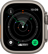 Apple Watch Ultra 4, titanium case, natural colour, Backtrack showing route with compass directions, right side exterior, Digital Crown, raised side button