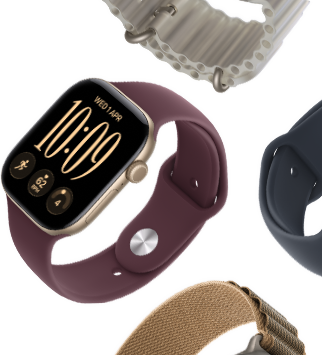 Apple Watch Series 11 straps: purple fog Sport Band, anchor blue Ocean strap, light blue Alpine Loop