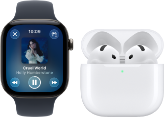 Apple Watch Series 12, aluminium case, black colour, black Sport Band, Apple Music app open, paired with AirPods 4