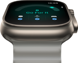 Apple Watch Ultra 4, titanium case, natural colour, readiness score of 8, right side exterior, Digital Crown, raised side button, Ocean Band, translucent grey colour