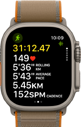 Apple Watch Ultra 4, titanium case, natural colour, advanced Outdoor Run workout metrics, right side exterior, Digital Crown, raised side button, Trail Loop strap, sand colour