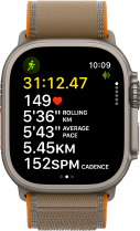 Apple Watch Ultra 4, titanium case, natural colour, advanced Outdoor Run workout metrics, right side exterior, Digital Crown, raised side button, Trail Loop strap, sand colour