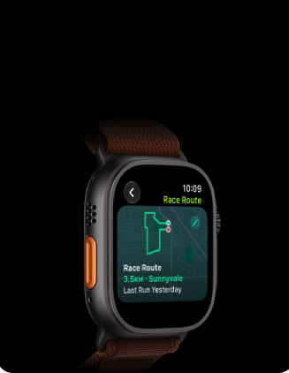 Apple Watch Ultra 4, titanium case, black colour, Race Route feature with a map of a running route, left side exterior, Action button, Alpine Loop strap, burgundy colour
