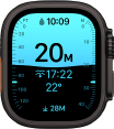 Apple Watch Ultra 4, titanium case, black colour, Depth app showing diving metrics, right side exterior, Digital Crown, raised side button