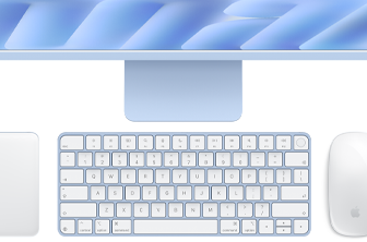 Magic Keyboard with Touch ID, blue colour, Magic Trackpad, and Magic Mouse