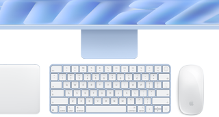 Magic Keyboard with Touch ID, blue colour, Magic Trackpad, and Magic Mouse