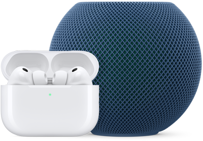 AirPods Pro in open charging case, white colour, and HomePod mini, blue colour