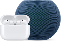 AirPods Pro in open charging case, white colour, and HomePod mini, blue colour