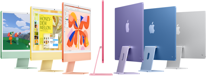 Seven iMac models in colours green, yellow, orange, pink, purple, blue and silver, unfolding into an accordion arrangement