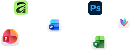 Various app icons floating on screen, including Microsoft Word, Adobe Photoshop, Canva and Figma
