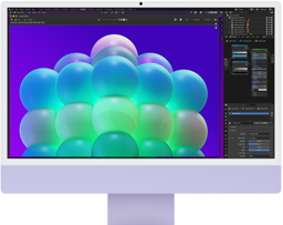 iMac, front exterior, purple colour, displaying a colourful bubble structure in an image editing app