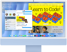 iMac, front exterior, blue colour, displaying Messages app and a 'Learn to Code' website