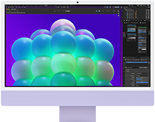 iMac, front exterior, purple colour, displaying a colourful bubble structure in an image editing app