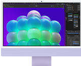 iMac, front exterior, purple colour, displaying a colourful bubble structure in an image editing app