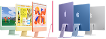 Seven iMac models in colours green, yellow, orange, pink, purple, blue and silver, in an accordion arrangement