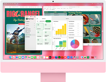 iMac, front exterior, pink colour, screen displaying multiple open apps