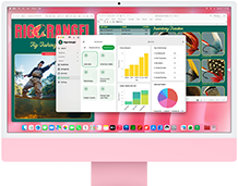 iMac, front exterior, pink colour, screen displaying multiple open apps