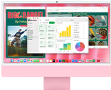 iMac, front exterior, pink colour, screen displaying multiple open apps