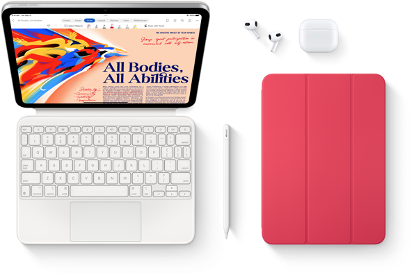 iPad, Magic Keyboard Folio, Apple Pencil, AirPods and Smart Folio are shown.
