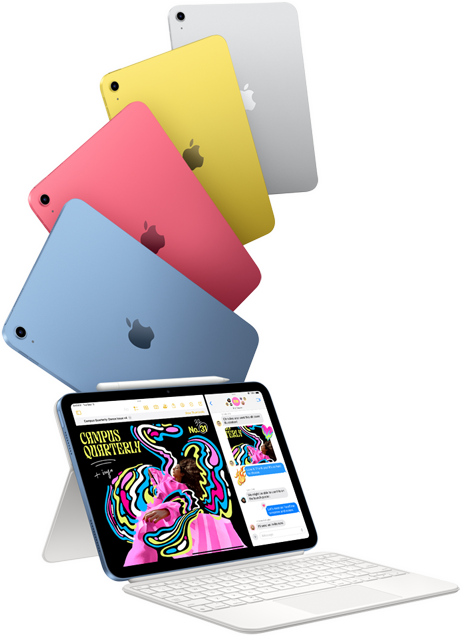 iPad in blue, pink, yellow and silver colours and one iPad attached to the Magic Keyboard Folio.