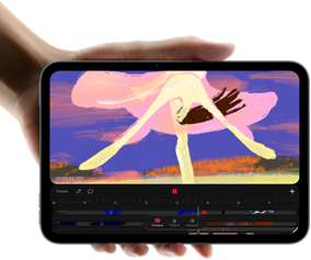 iPad mini, displayed in hand, front view, showing video editing interface with colourful clips, A20 Pro chip mentioned below