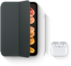 iPad mini, displayed with compatible accessories including Smart Folio for iPad mini (A20 Pro), Apple Pencil USB-C and AirPods Pro 3