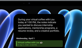 iPad mini, front view, displaying a notification about an upcoming meeting using the Siri AI summarise feature