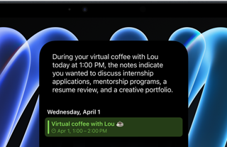 iPad mini, front view, displaying a notification about an upcoming meeting using the Siri AI summarise feature