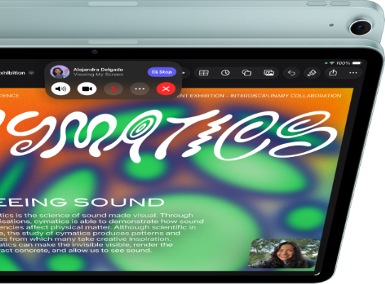 iPad Air, Blue colour, top exterior, screen showing Keynote app on screen sharing feature during FaceTime video call, back exterior, 12MP Wide back camera, volume-up button, volume-down button