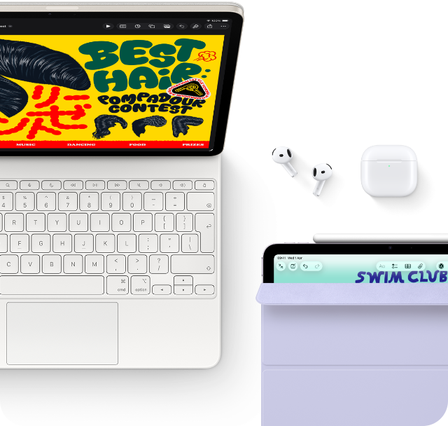 iPad Air, Starlight colour, colourful graphics on screen, attached to Magic Keyboard, Airpods Pro and Apple Pencil Pro accessories