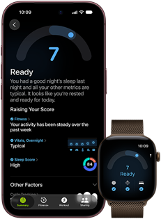 iPhone 18 Pro, black, front exterior, displaying the results of the Readiness status (score of 7), paired with Apple Watch, front facing, brown, displaying the same Readiness score of 7