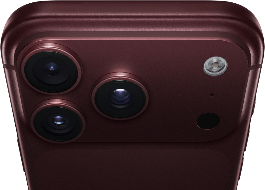 iPhone 18 Pro Max, burgundy colour (dark red), back exterior, Pro Fusion camera system at top, 3 lenses, variable aperture blades partially closed, flash, microphone and LiDAR Scanner, top exterior, mobile antenna, flat sides, rounded edges
