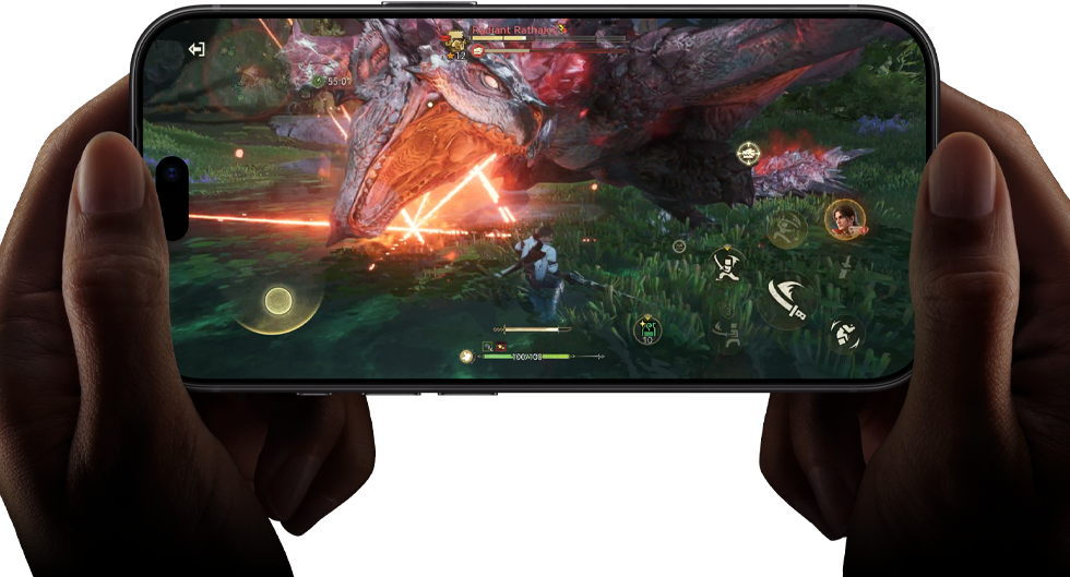 iPhone 18 Pro, front exterior, demonstrating the performance capabilities of the A20 Pro chip with a scene from Monster Hunter Outlanders