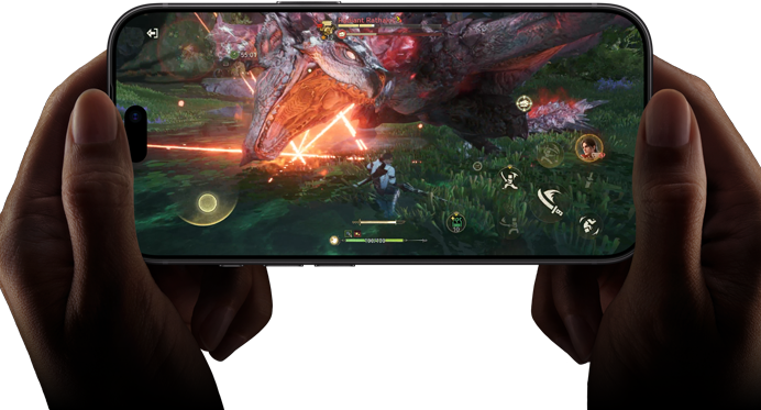 iPhone 18 Pro, front exterior, demonstrating the performance capabilities of the A20 Pro chip with a scene from Monster Hunter Outlanders