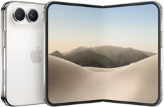 iPhone Duo, folded back exterior, Star White colour, Dual Fusion camera system at top left, Apple logo in centre. Unfolded interior display, all-screen design, rounded corners